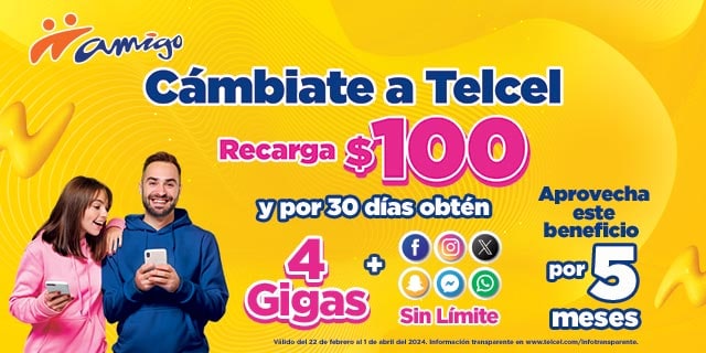 Cámbiate a Telcel, recarga 100 pesos y por 30 días obtén 4 gigas para navegar