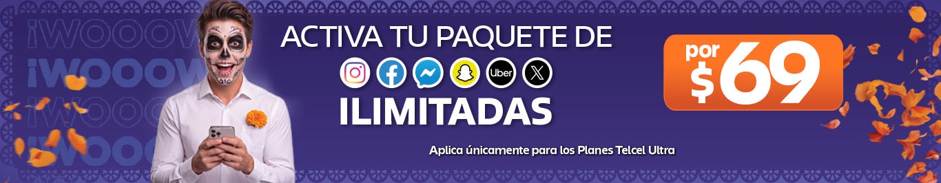 persona sostiene telefono y ofrece paquete con aplicaciones ilimitadas por sesenta y nueve