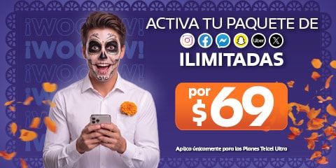 persona sostiene telefono y ofrece paquete con aplicaciones ilimitadas por sesenta y nueve