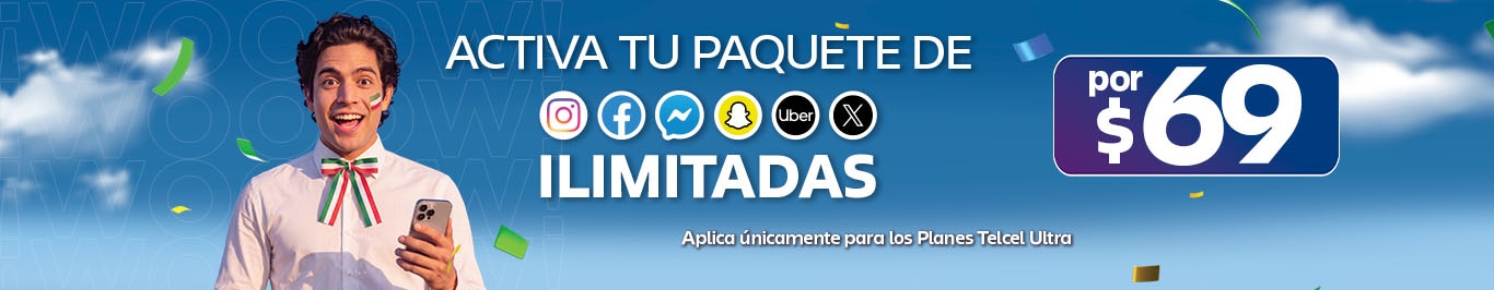persona sostiene telefono y ofrece paquete con aplicaciones ilimitadas por sesenta y nueve