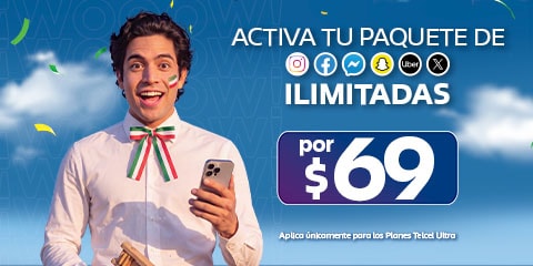 persona sostiene telefono y ofrece paquete con aplicaciones ilimitadas por sesenta y nueve
