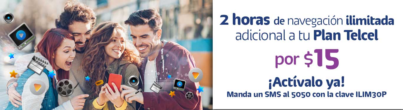 Ahora las 2 horas de internet ilimitado llega a tu Plan Telcel por quince pesos adicionales a tu plan de renta telcel obtienes dos horas de navegacion ilimitada