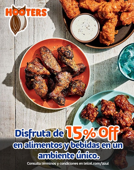 con hooters disfruta del quince porciento de descuento en alimentos y bebidas